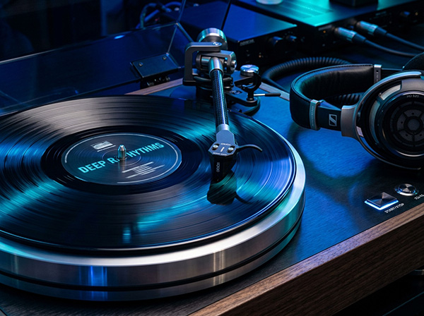 Vinyl records and headphones